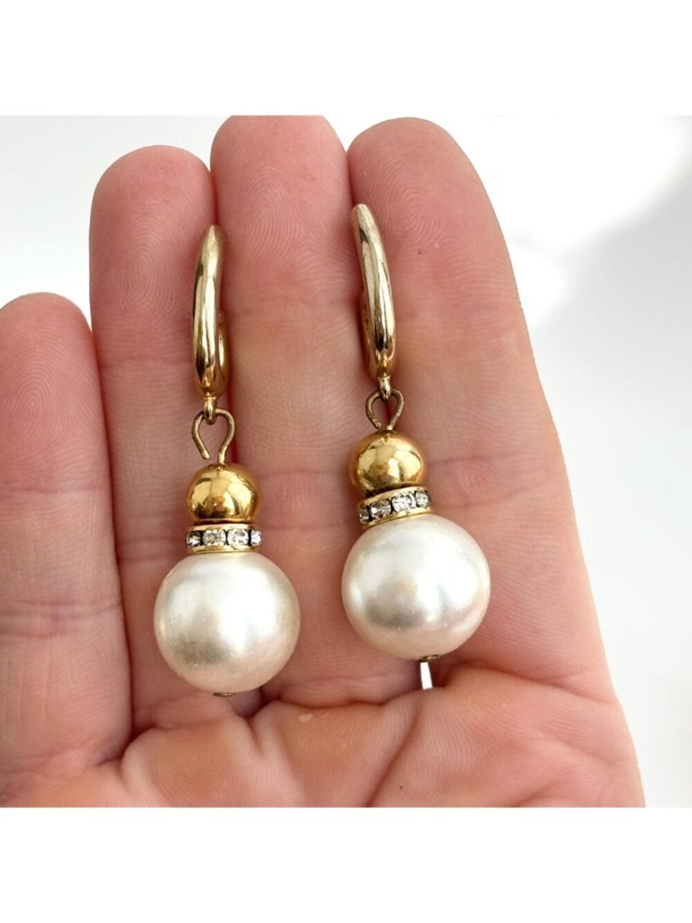 Faux Pearl Accented Rhinestone Swirly Gold Toned Vintage Dangle 80's Earrings - Picture 9 of 9
